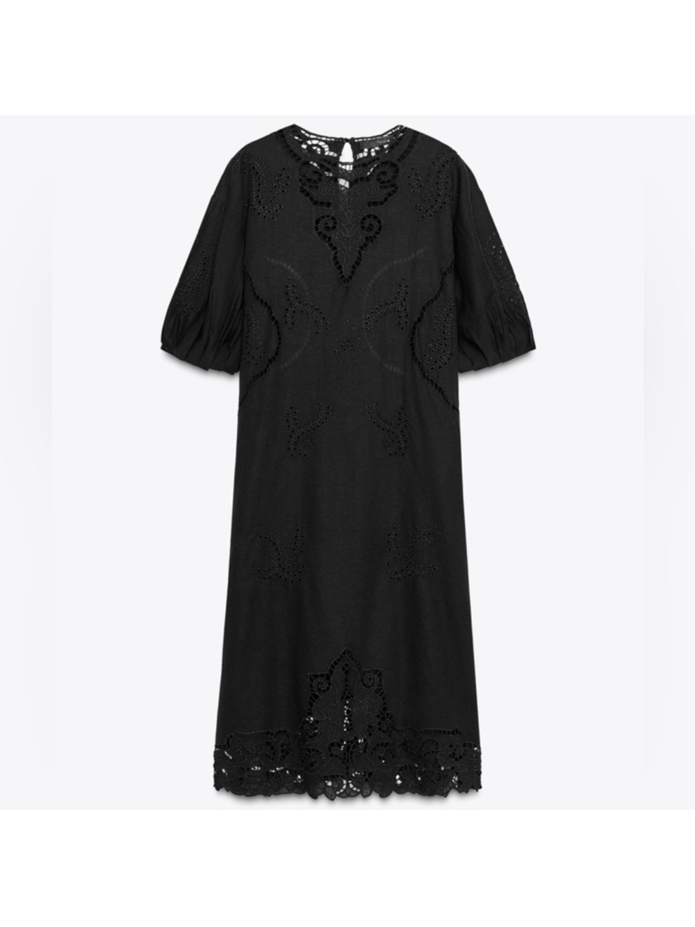 Zara Black Eyelet Midi Dress with Puff Sleeves